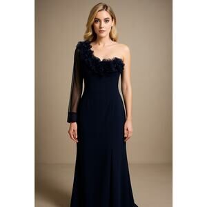 Xscape One Shoulder 3D Embellished Floral Appliqué Navy Ruched Evening Gown 10